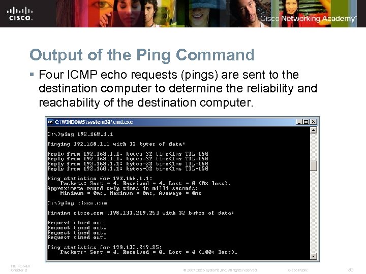 Output of the Ping Command § Four ICMP echo requests (pings) are sent to
