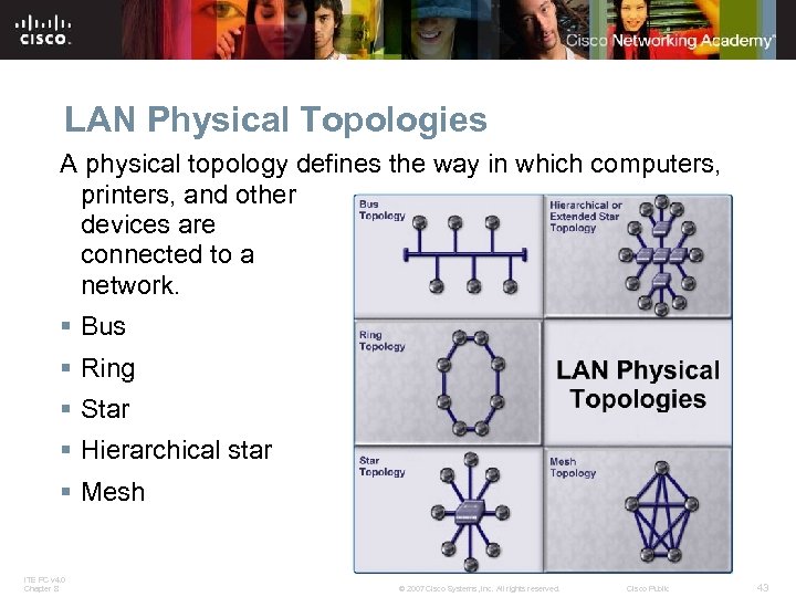 LAN Physical Topologies A physical topology defines the way in which computers, printers, and