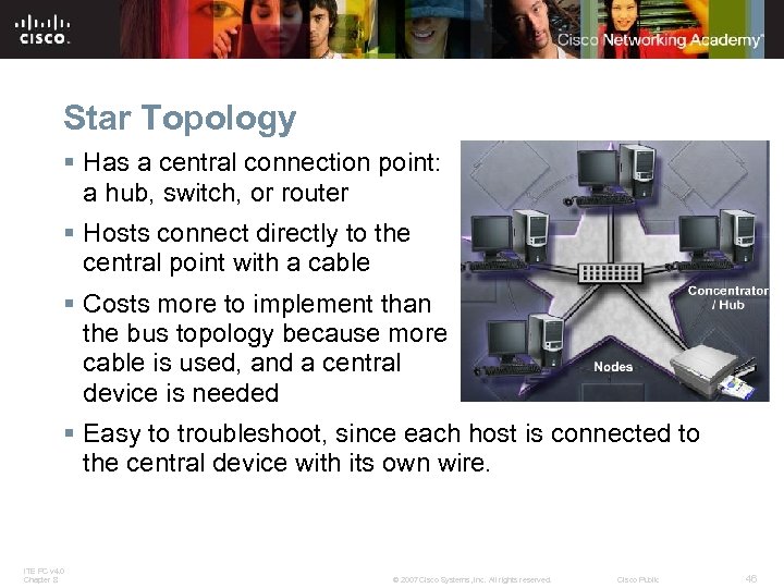 Star Topology § Has a central connection point: a hub, switch, or router §