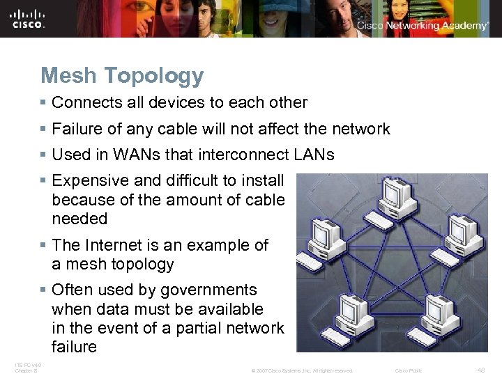 Mesh Topology § Connects all devices to each other § Failure of any cable