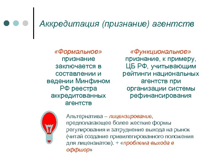 Аккредитация (признание) агентств «Формальное» признание заключается в составлении и ведении Минфином РФ реестра аккредитованных