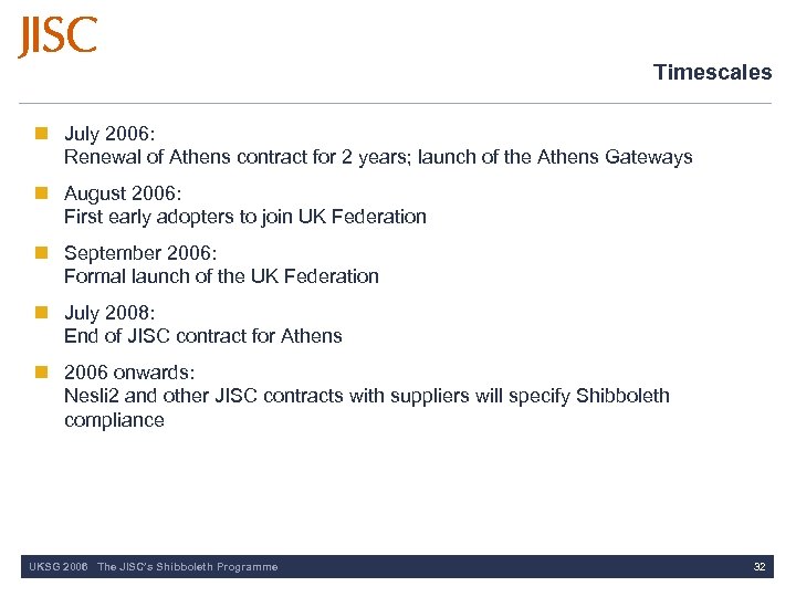 Timescales n July 2006: Renewal of Athens contract for 2 years; launch of the