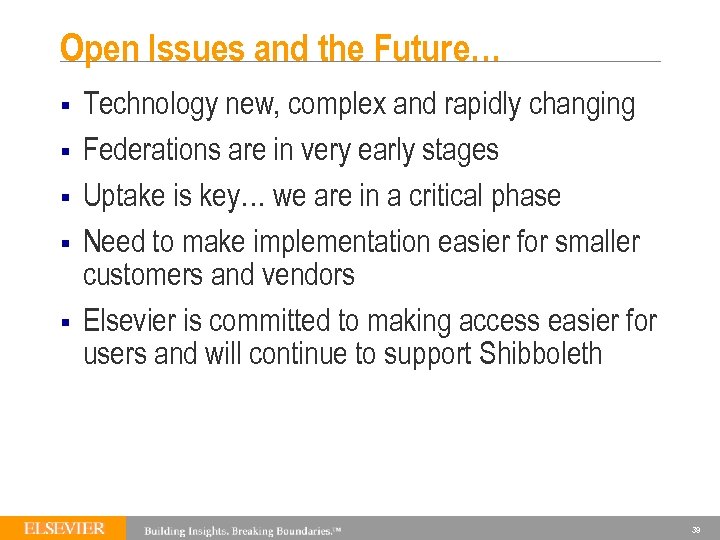 Open Issues and the Future… § § § Technology new, complex and rapidly changing