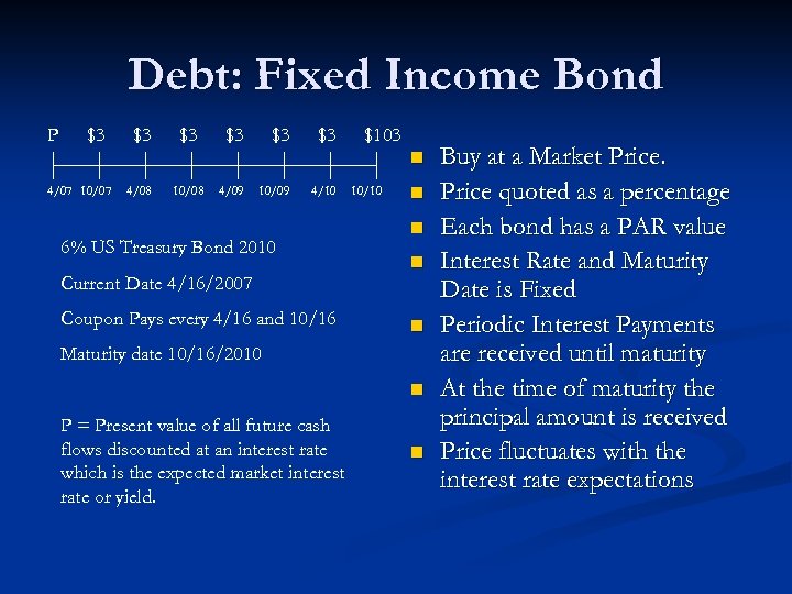 Debt: Fixed Income Bond P $3 $3 $3 $103 n 4/07 10/07 4/08 10/08