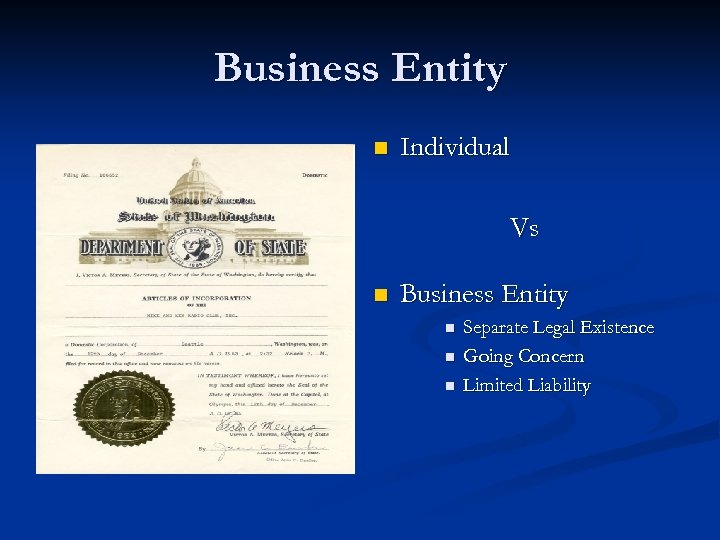 Business Entity n Individual Vs n Business Entity n n n Separate Legal Existence
