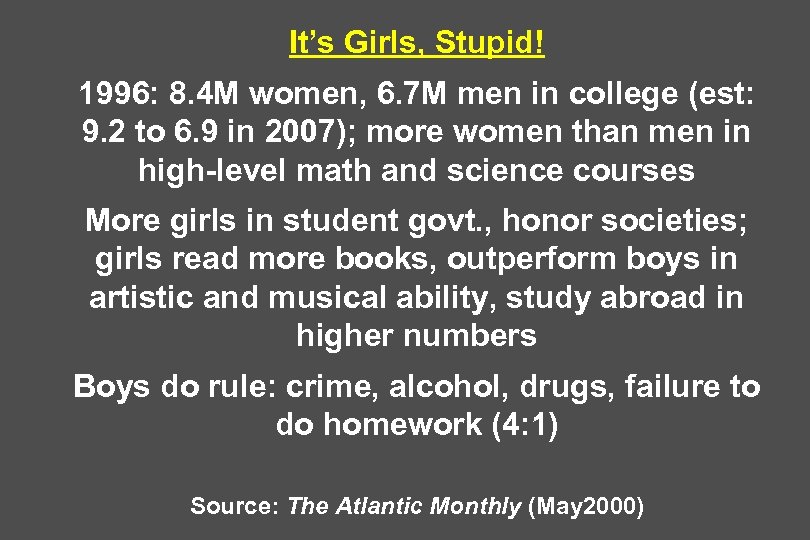 It’s Girls, Stupid! 1996: 8. 4 M women, 6. 7 M men in college