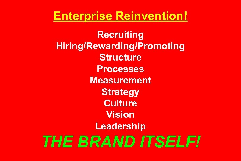 Enterprise Reinvention! Recruiting Hiring/Rewarding/Promoting Structure Processes Measurement Strategy Culture Vision Leadership THE BRAND ITSELF!