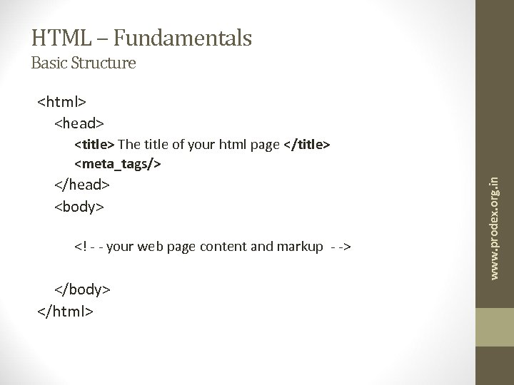 HTML – Fundamentals Basic Structure <html> <head> </head> <body> <! - - your web