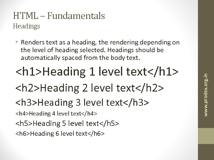 HTML – Fundamentals Headings <h 1>Heading 1 level text</h 1> <h 2>Heading 2 level