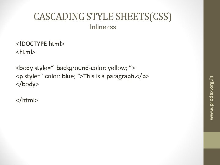 CASCADING STYLE SHEETS(CSS) Inline css <body style=“ background-color: yellow; ”> <p style=“ color: blue;