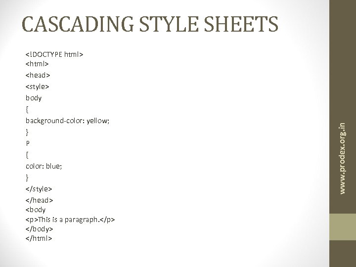 <!DOCTYPE html> <head> <style> body { background-color: yellow; } P { color: blue; }
