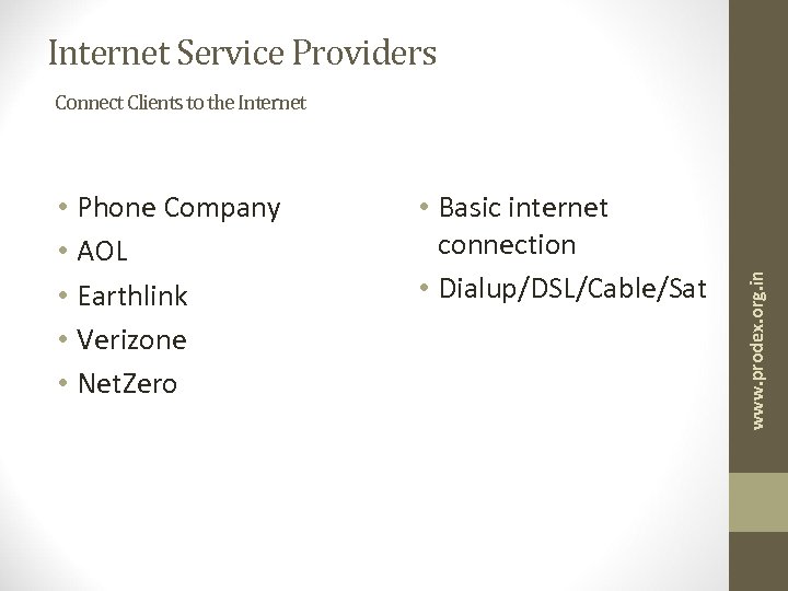 Internet Service Providers • Phone Company • AOL • Earthlink • Verizone • Net.
