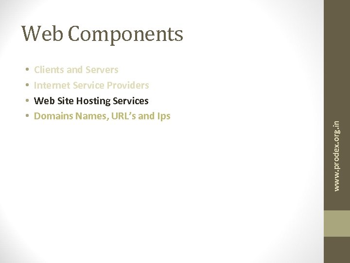  • • Clients and Servers Internet Service Providers Web Site Hosting Services Domains