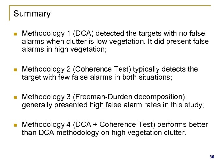 Summary n Methodology 1 (DCA) detected the targets with no false alarms when clutter