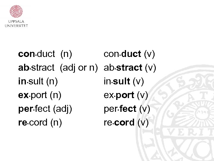 con • duct (n) ab • stract (adj or n) in • sult (n)