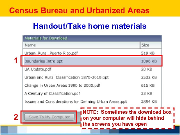 Census Bureau and Urbanized Areas Handout/Take home materials 1 2 NOTE: Sometimes the download