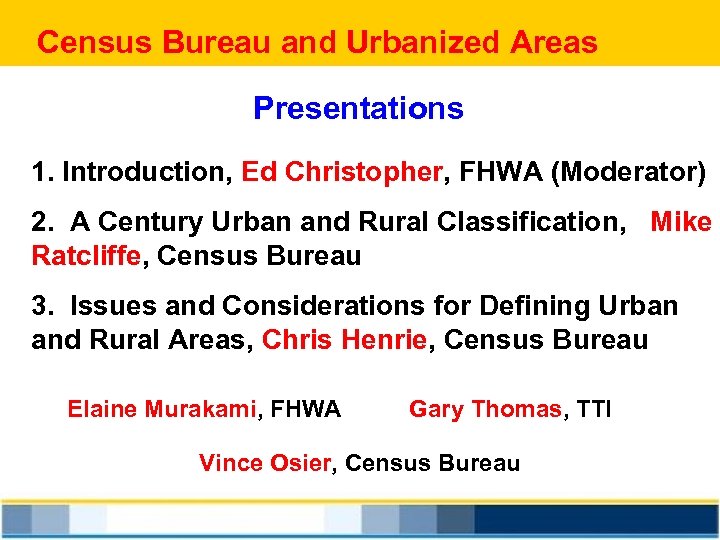 Census Bureau and Urbanized Areas Presentations 1. Introduction, Ed Christopher, FHWA (Moderator) 2. A