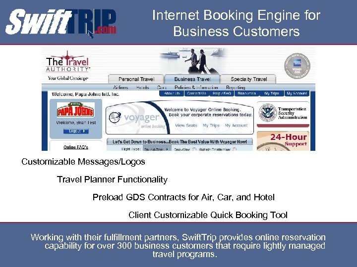 Internet Booking Engine for Business Customers Customizable Messages/Logos Travel Planner Functionality Preload GDS Contracts