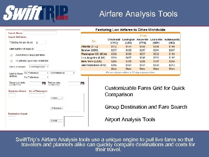 Airfare Analysis Tools Customizable Fares Grid for Quick Comparison Group Destination and Fare Search