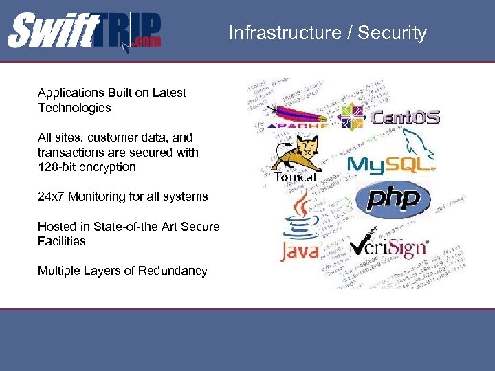 Infrastructure / Security Applications Built on Latest Technologies All sites, customer data, and transactions