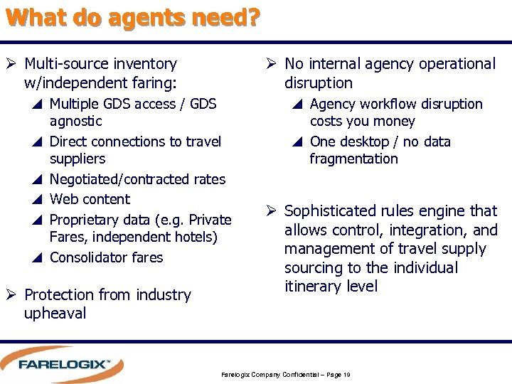 What do agents need? Ø Multi-source inventory w/independent faring: Ø No internal agency operational