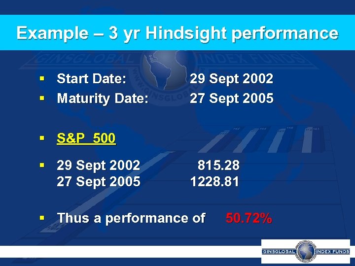 Example – 3 yr Hindsight performance § Start Date: § Maturity Date: 29 Sept