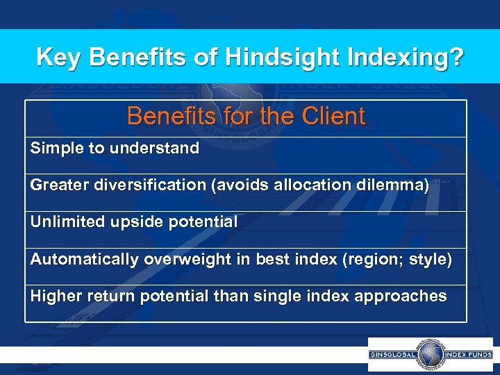 Key Benefits of Hindsight Indexing? Benefits for the Client Simple to understand Greater diversification