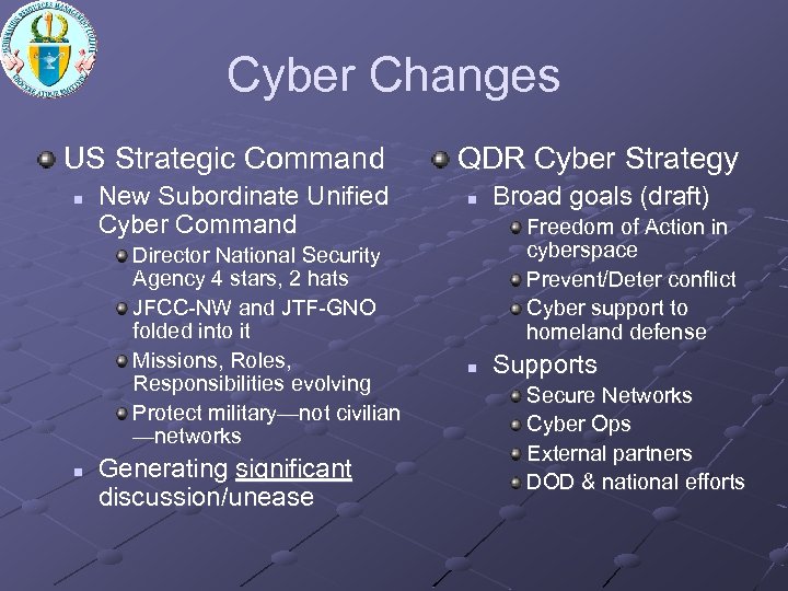 Cyber Changes US Strategic Command n New Subordinate Unified Cyber Command Director National Security