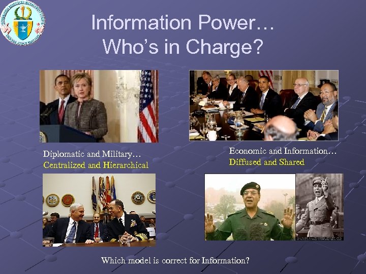 Information Power… Who’s in Charge? Diplomatic and Military… Centralized and Hierarchical Economic and Information…
