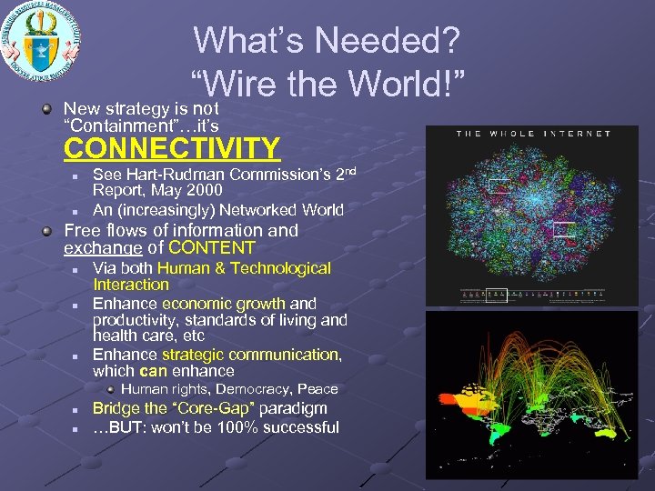 What’s Needed? “Wire the World!” New strategy is not “Containment”…it’s CONNECTIVITY n n See