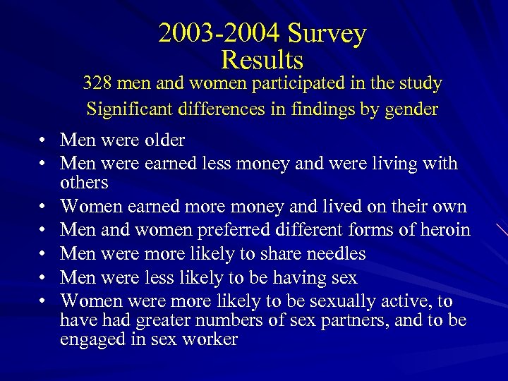 2003 -2004 Survey Results 328 men and women participated in the study Significant differences