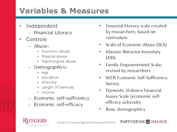 Variables & Measures • Independent – Financial Literacy • Controls – Abuse: • Economic