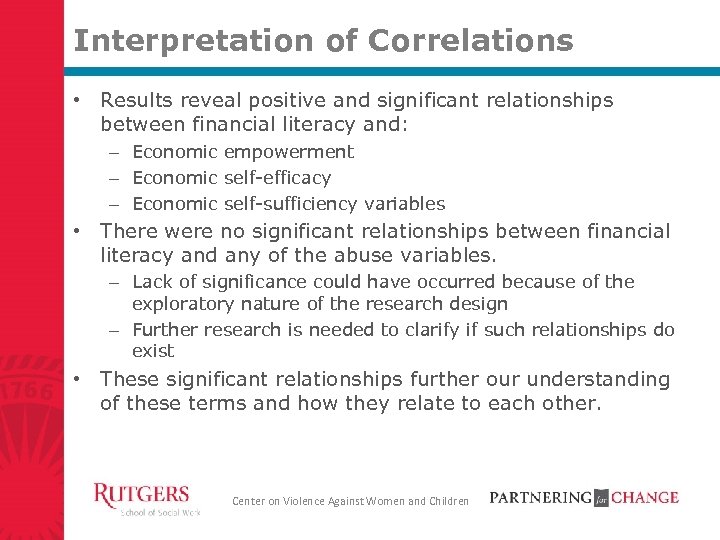 Interpretation of Correlations • Results reveal positive and significant relationships between financial literacy and:
