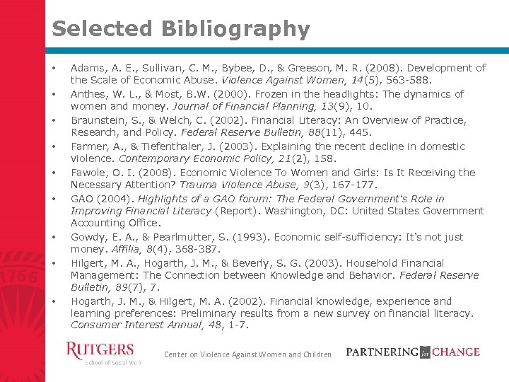 Selected Bibliography • • • Adams, A. E. , Sullivan, C. M. , Bybee,