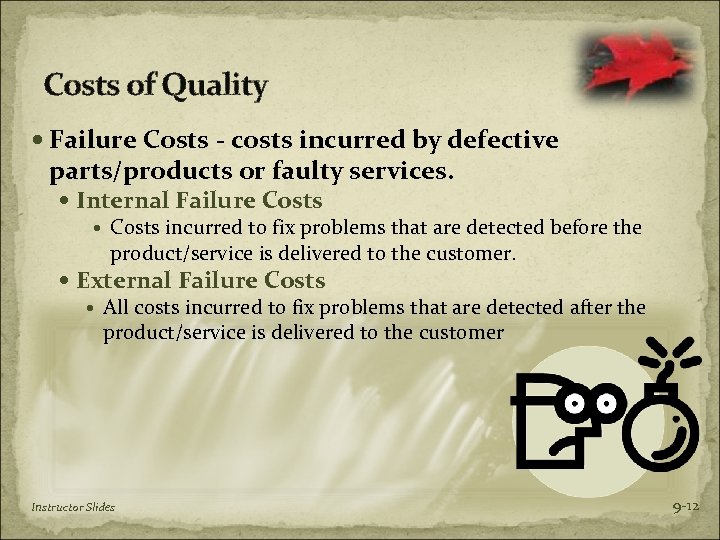 Costs of Quality Failure Costs - costs incurred by defective parts/products or faulty services.