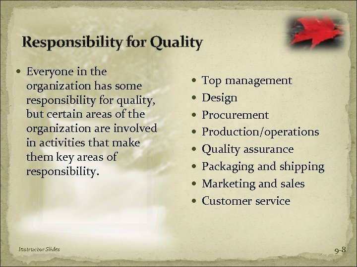 Responsibility for Quality Everyone in the organization has some responsibility for quality, but certain