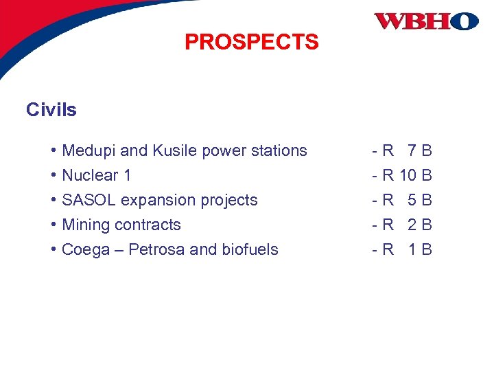 PROSPECTS Civils • Medupi and Kusile power stations • Nuclear 1 • SASOL expansion