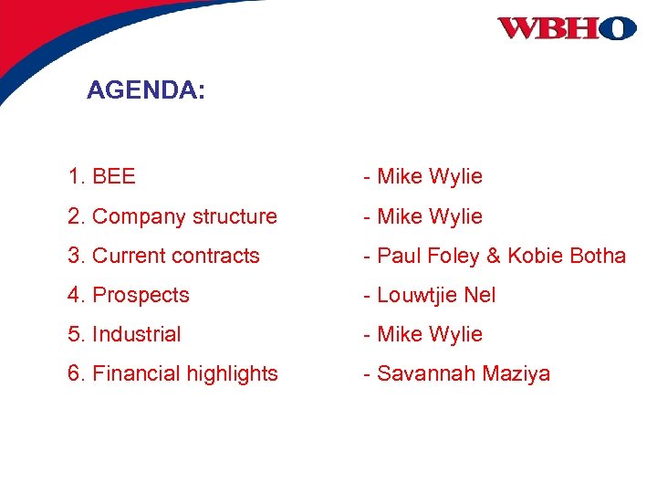 AGENDA: 1. BEE - Mike Wylie 2. Company structure - Mike Wylie 3. Current