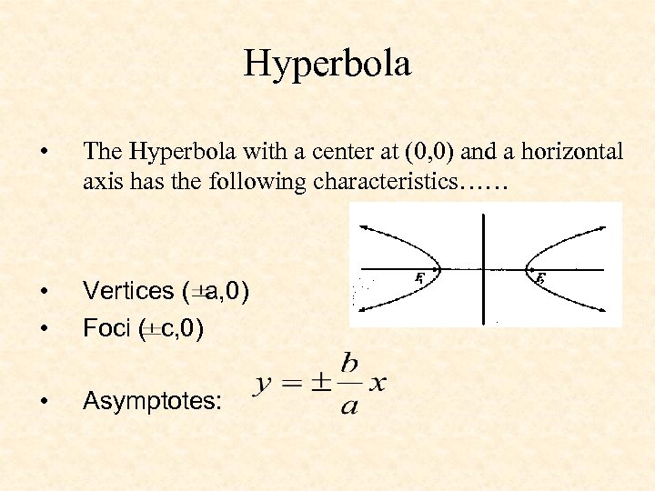 Hyperbola • The Hyperbola with a center at (0, 0) and a horizontal axis