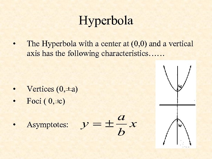 Hyperbola • The Hyperbola with a center at (0, 0) and a vertical axis