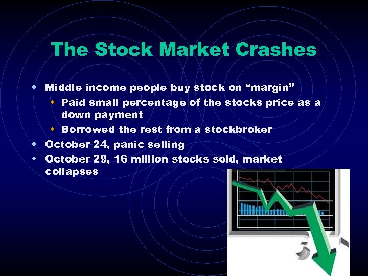 The Stock Market Crashes • Middle income people buy stock on “margin” • Paid