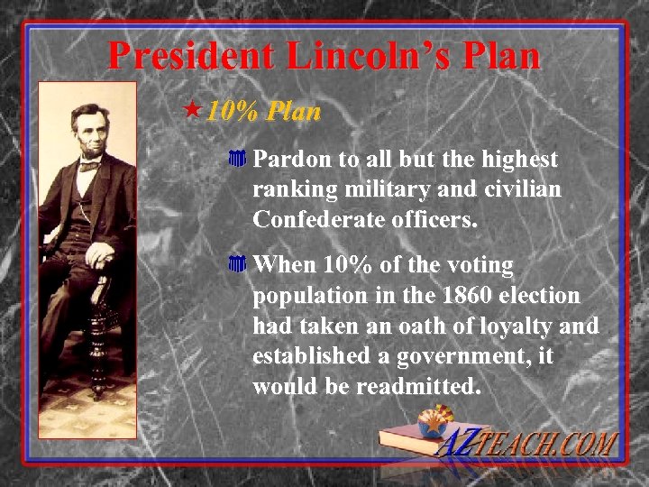 President Lincoln’s Plan « 10% Plan * Pardon to all but the highest ranking