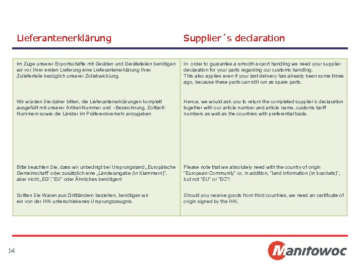 Lieferantenerklärung Supplier´s declaration Im Zuge unserer Exportschäfte mit Geräten und Geräteteilen benötigen wir vor