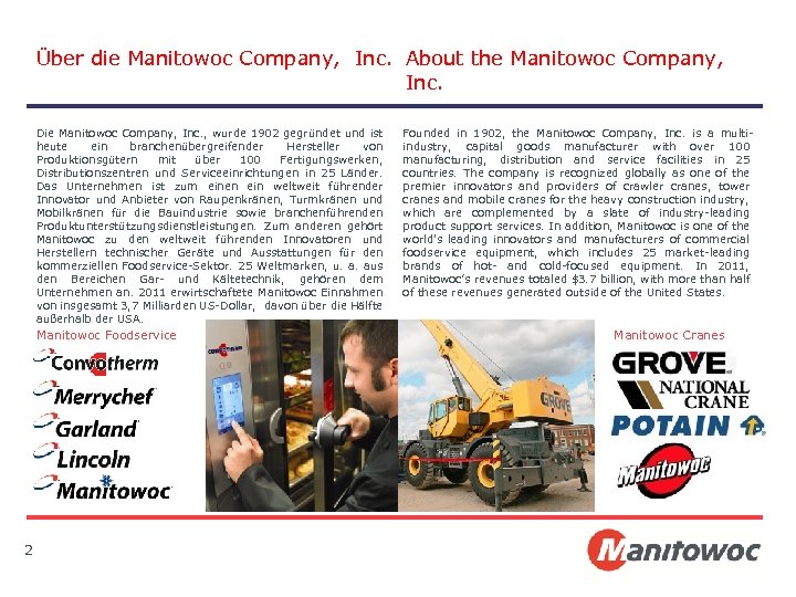 Über die Manitowoc Company, Inc. About the Manitowoc Company, Inc. Die Manitowoc Company, Inc.