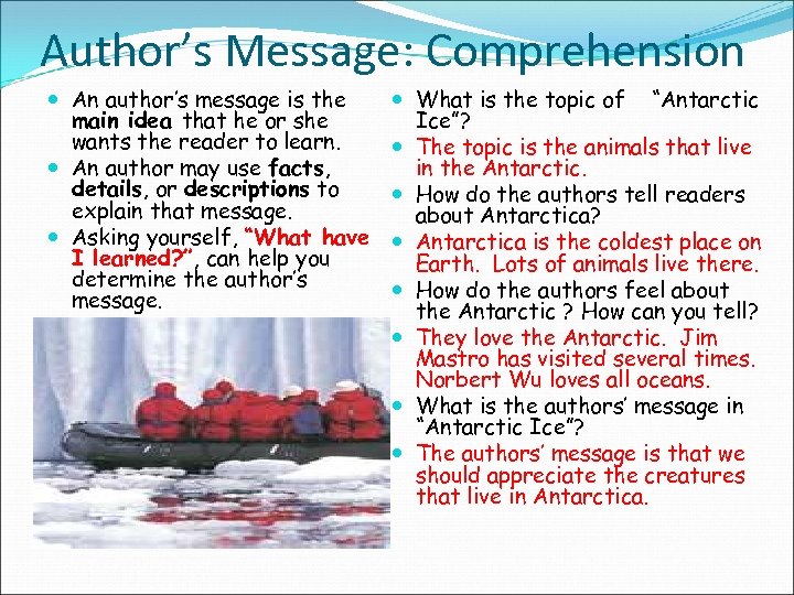Author’s Message: Comprehension An author’s message is the main idea that he or she