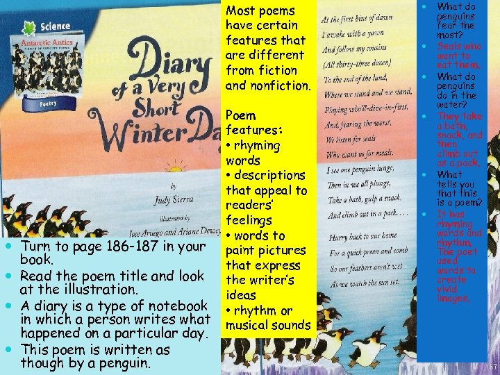 Most poems have certain features that are different from fiction and nonfiction. Turn to