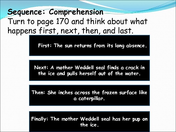Sequence: Comprehension Turn to page 170 and think about what happens first, next, then,