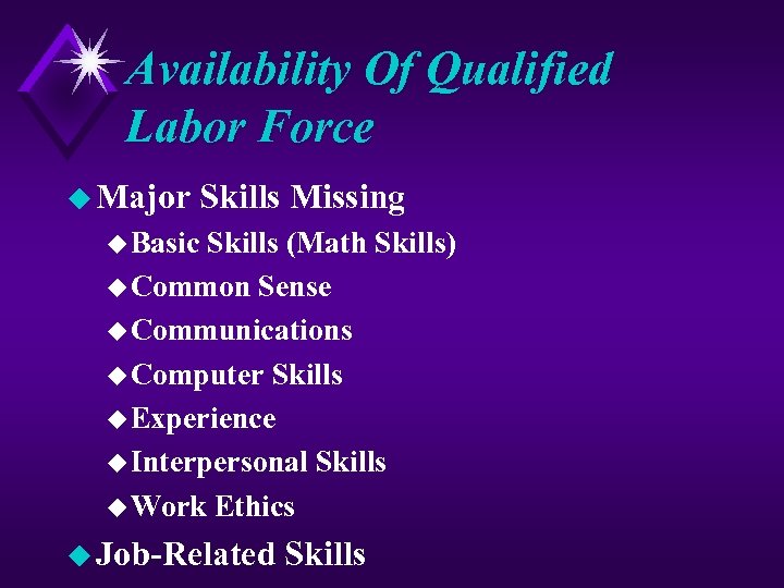 Availability Of Qualified Labor Force u Major Skills Missing u Basic Skills (Math Skills)