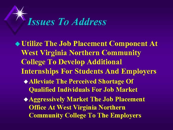 Issues To Address u Utilize The Job Placement Component At West Virginia Northern Community
