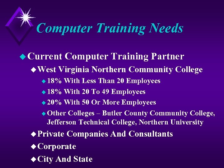 Computer Training Needs u Current u West Computer Training Partner Virginia Northern Community College
